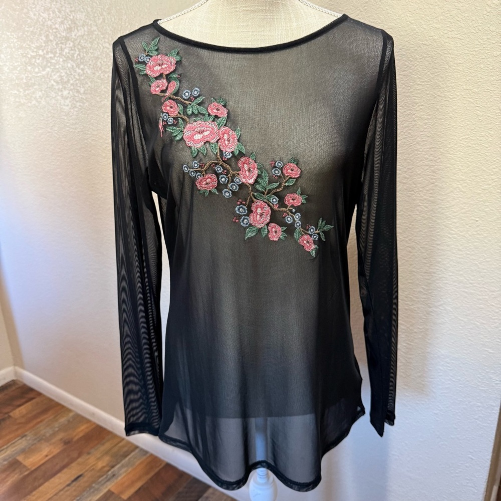 Bold Elements - Sheer Black Long-Sleeve with Pink Floral Embroidery - Size Med